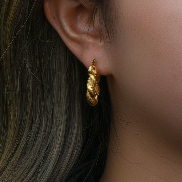 Chunky Twisted Striped Texture Hoop Earrings 18K Gold Plating Stainless Steel - Picture 5 of 9